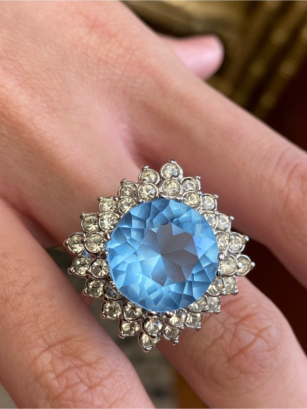 Vintage 18k Gold Electroplated Cocktail Ring Aqua Blue Crystal Halo Size 8